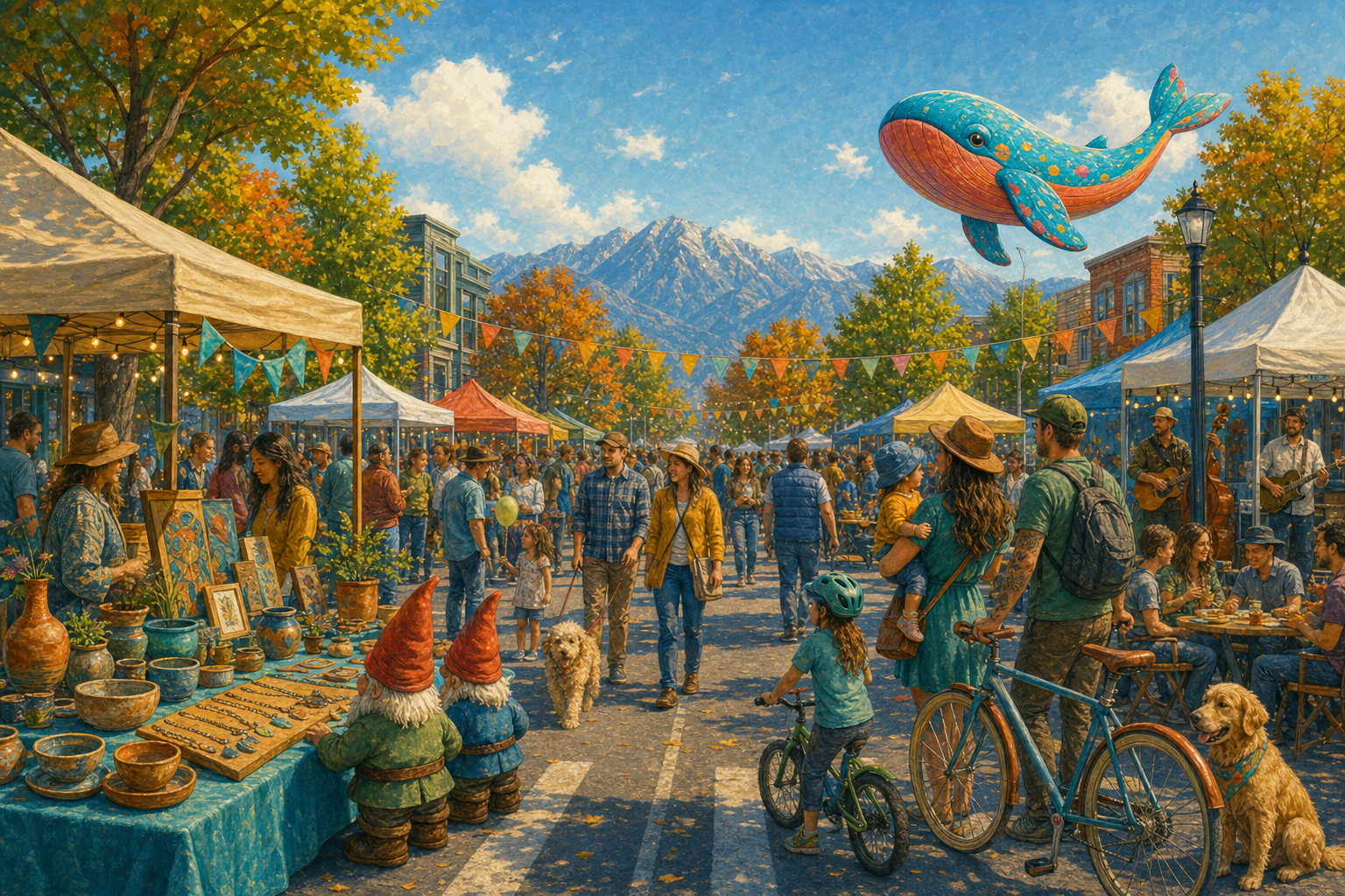 Illustration of a busy neighborhood street festival with art booths, musicians, families, bicycles, dogs, two garden gnomes, and a whale-shaped balloon