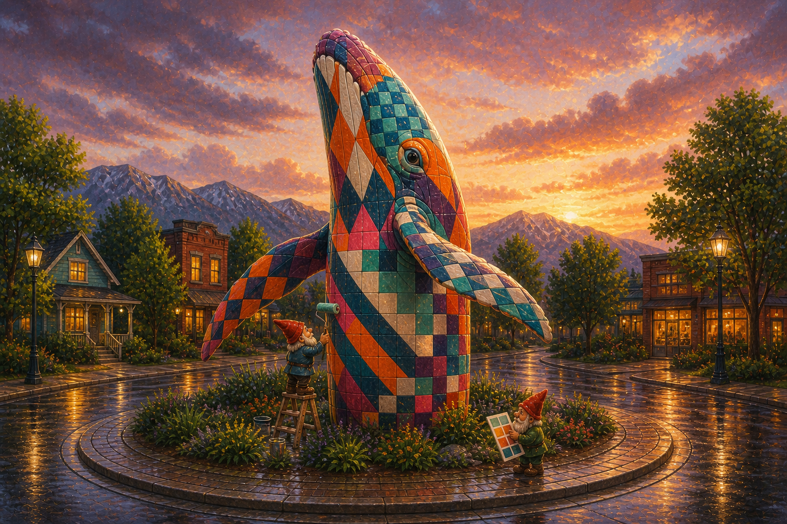 Illustration of two garden gnomes painting bright geometric quilt patterns on a whale sculpture after summer rain