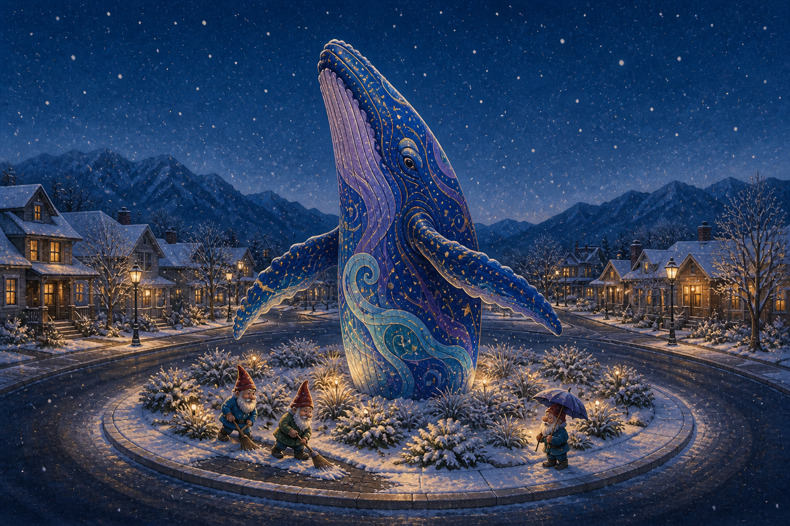 Illustration of three garden gnomes tending a snowy roundabout around a cobalt and lavender whale sculpture