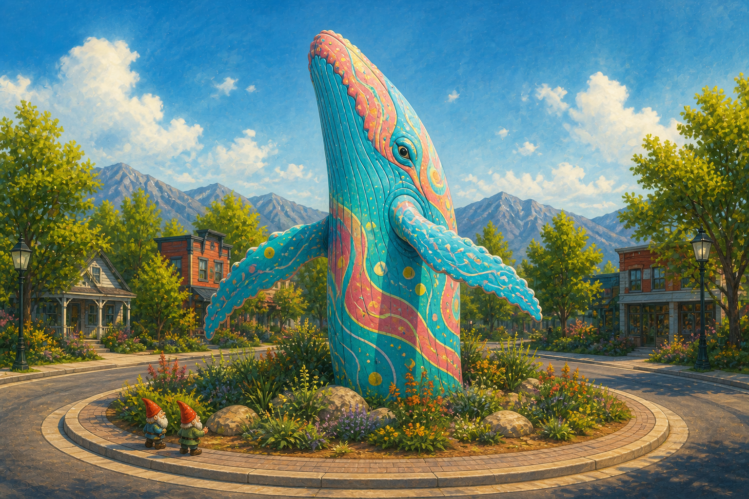 Illustration of two garden gnomes admiring a turquoise and coral whale sculpture in a flower-filled roundabout