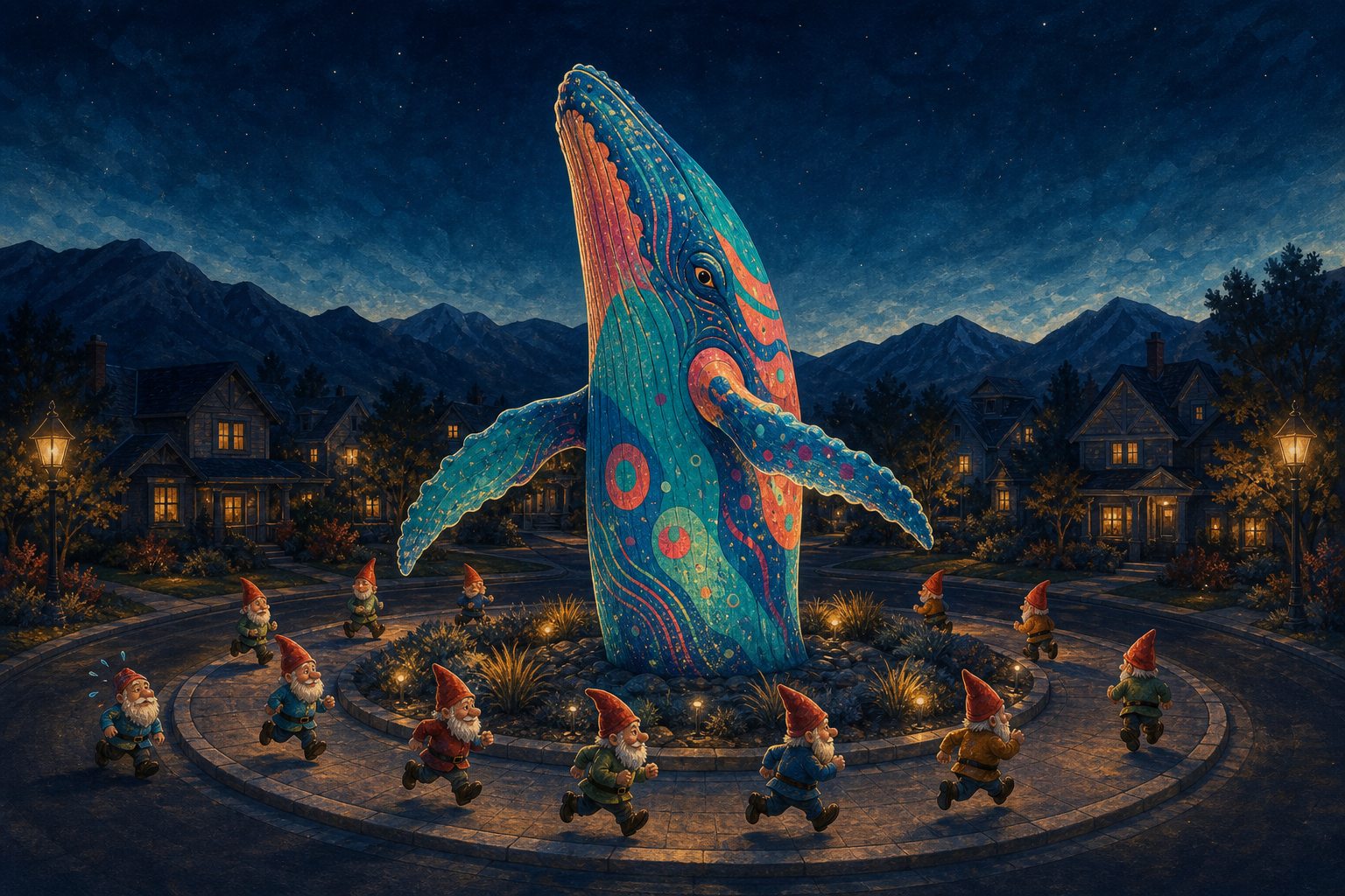 Illustration of twelve red-hatted garden gnomes running laps around a brightly painted whale sculpture at twilight